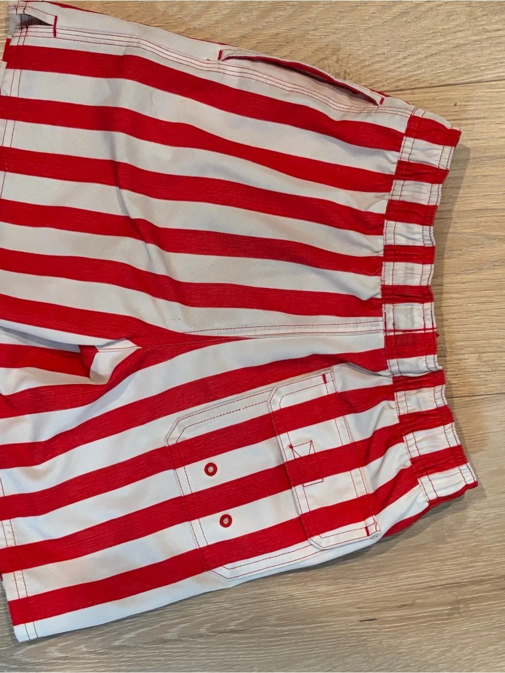 Vineyard Vines Red and White Striped Swim Trunks with Logo Patch